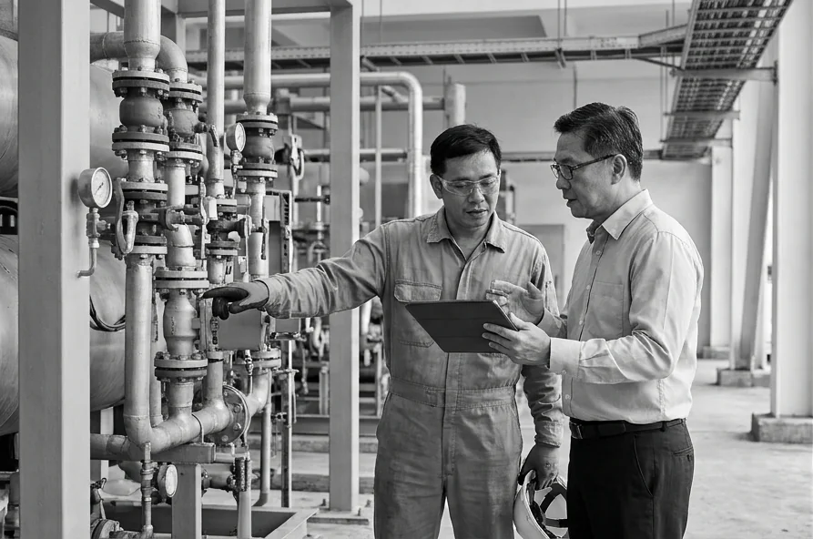Illustrative scene of a field-service technician and consultant reviewing equipment and operations together