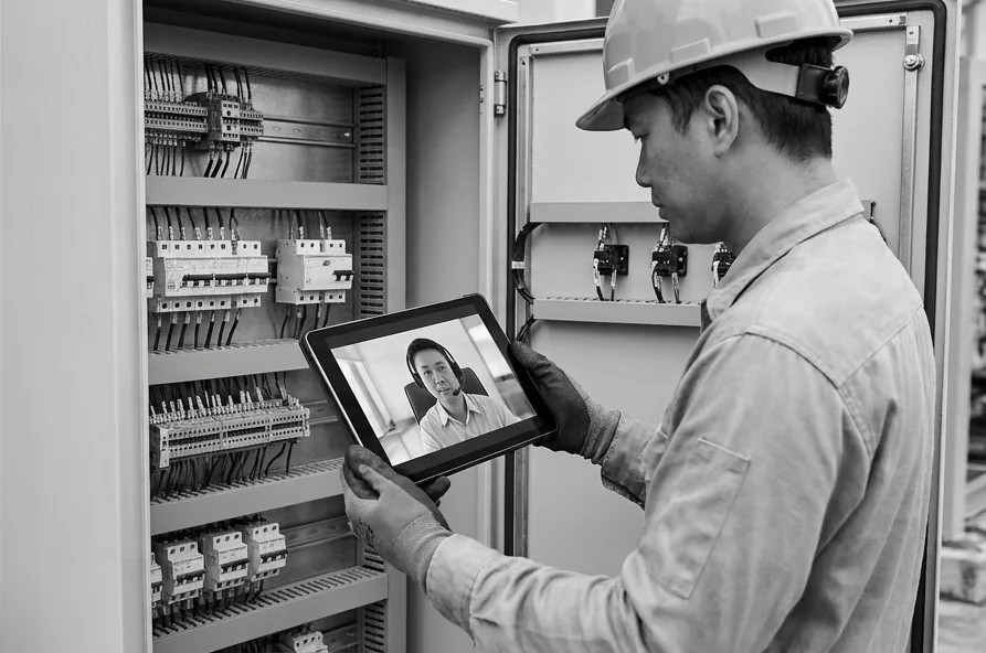 Illustrative scene of a technician receiving remote expert guidance by video beside industrial equipment